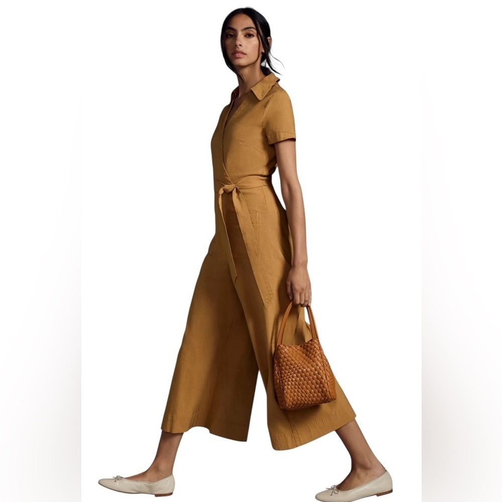 Anthropologie Mustard Short-Sleeve Belted Jumpsuit